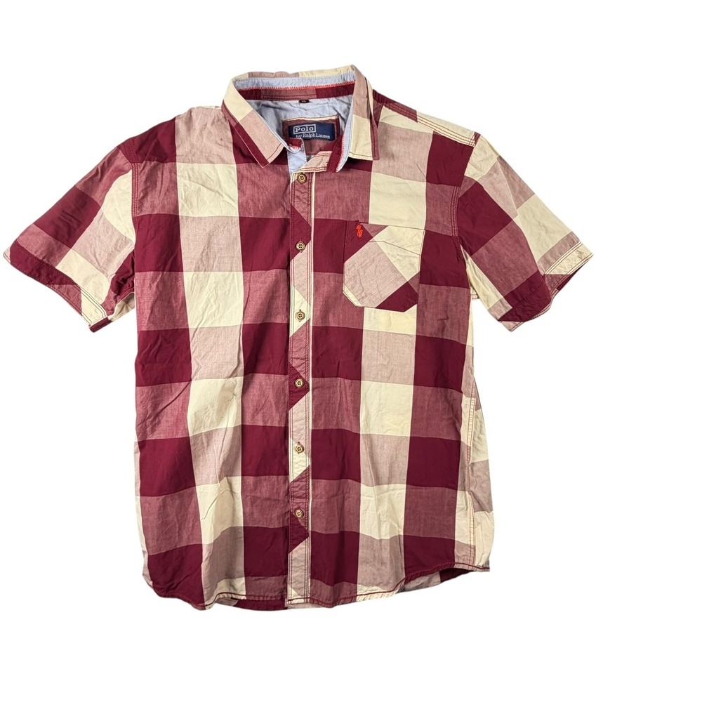 Polo Ralph Lauren Shirt Mens XL‎ Burgundy Cream Buffalo Check Short Sleeve Good